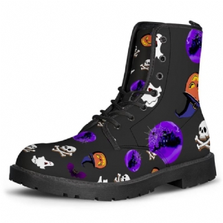 Kobiety Pu Leather Bat Skull Pumpkin Pattern Lace-up Antypoślizgowe Odporne Na Zużycie Buty Martin