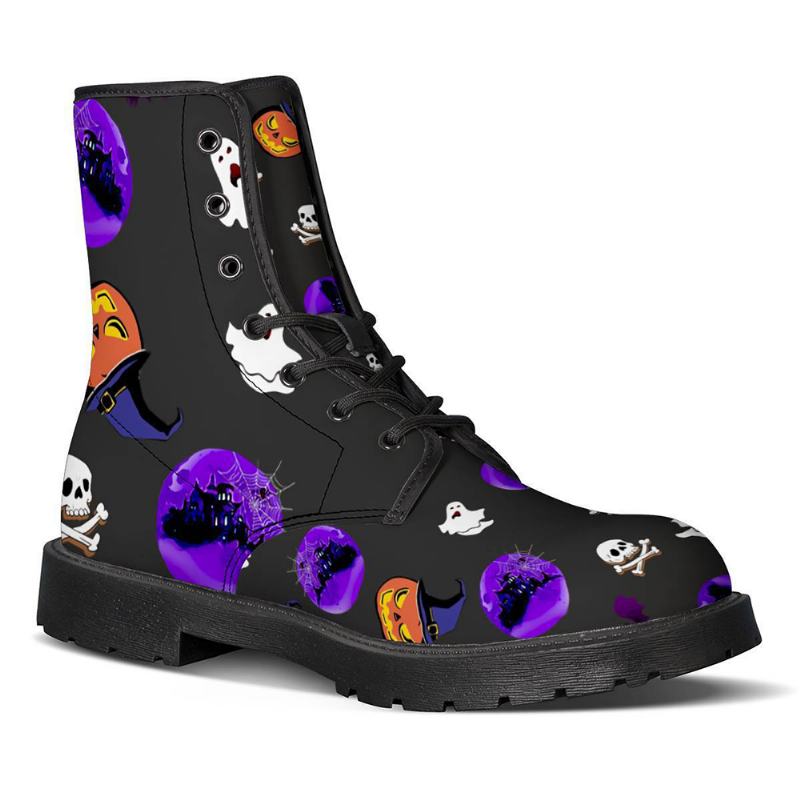 Kobiety Pu Leather Bat Skull Pumpkin Pattern Lace-up Antypoślizgowe Odporne Na Zużycie Buty Martin