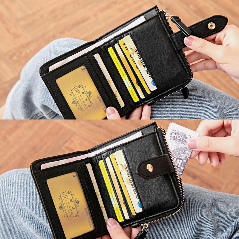 Kobiety Pu Leather Bifold Hasp Multi-card Slot Retro Short Card Holder Portfele Sprzęgła Z Paskiem Na Nadgarstek