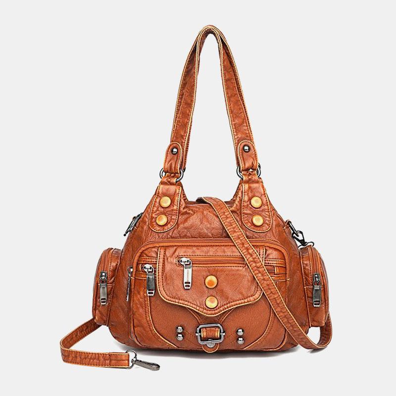 Kobiety Pu Leather Duża Pojemność Multi-pocket Nit Dekoracja Retro Miękkie Torebki Torby Crossbody