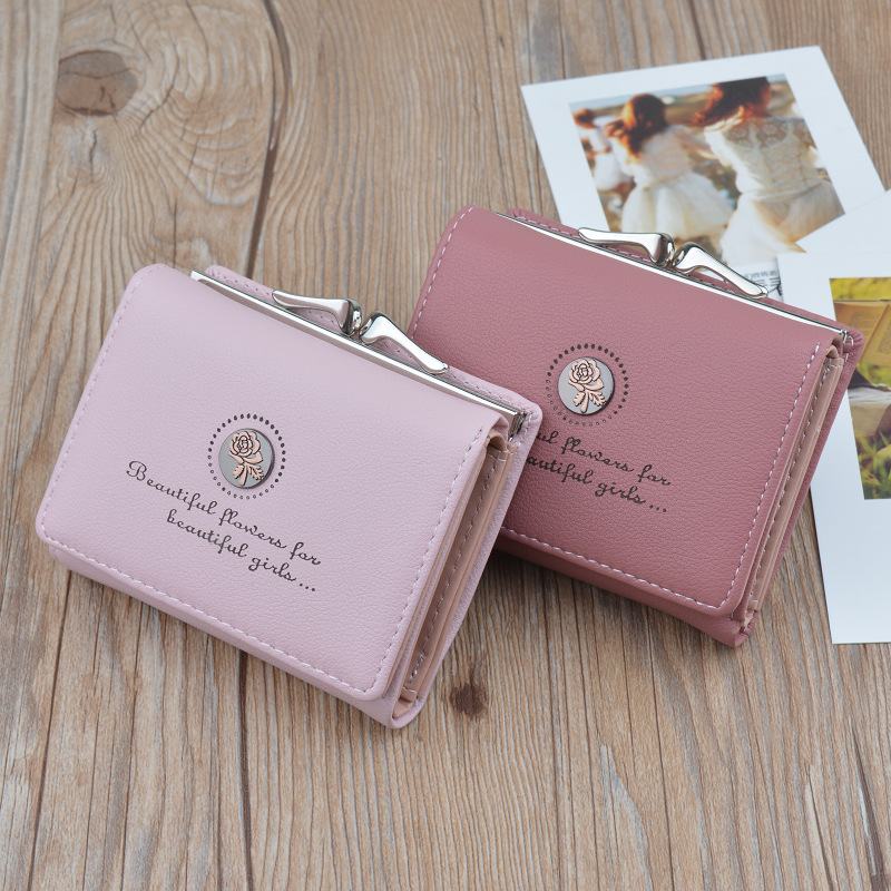 Kobiety Pu Leather Floral Clutch Short Solid Buckle Ladies Wallet Mini Portable Credit Card Torebka