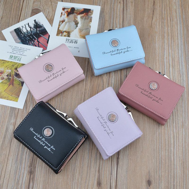 Kobiety Pu Leather Floral Clutch Short Solid Buckle Ladies Wallet Mini Portable Credit Card Torebka