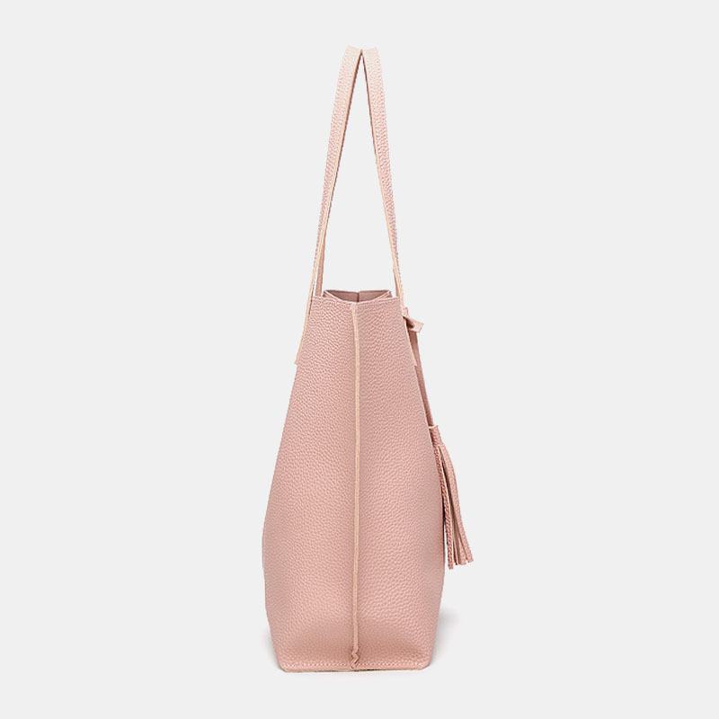 Kobiety Pu Leather Lychee Pattern Duża Pojemność Casual Tassel Solidna Torebka Na Ramię Torebka