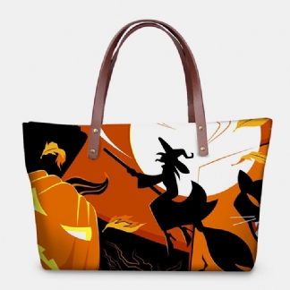 Kobiety Pu Leather Neopren Style Pumpkin Skull Festival Pattern Duża Pojemność Mom Bag Student Bag Torba Na Ramię Torebka