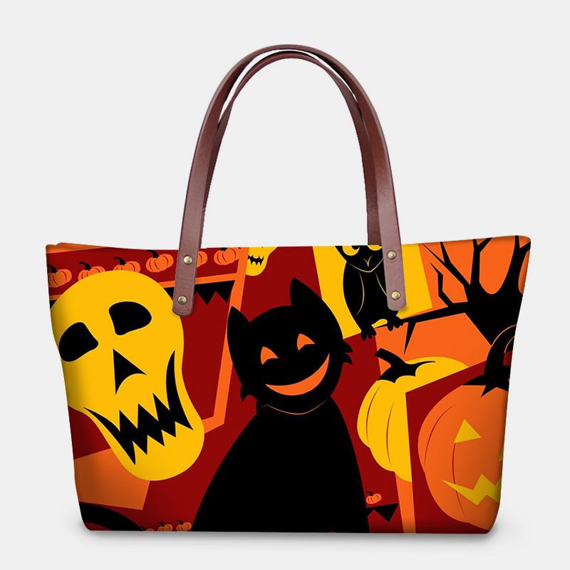 Kobiety Pu Leather Neopren Style Pumpkin Skull Festival Pattern Duża Pojemność Mom Bag Student Bag Torba Na Ramię Torebka