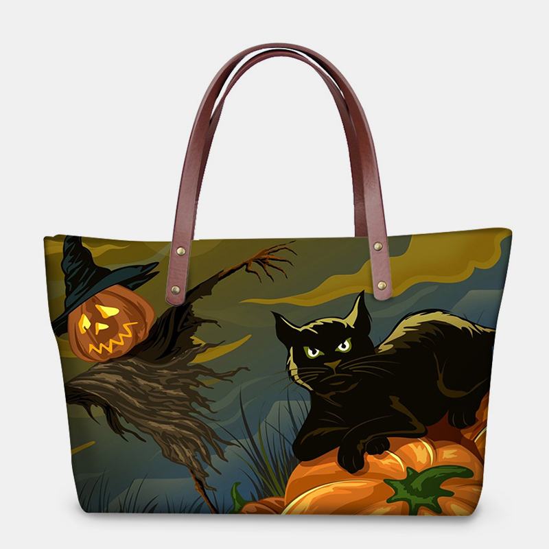 Kobiety Pu Leather Neopren Style Pumpkin Skull Festival Pattern Duża Pojemność Mom Bag Student Bag Torba Na Ramię Torebka