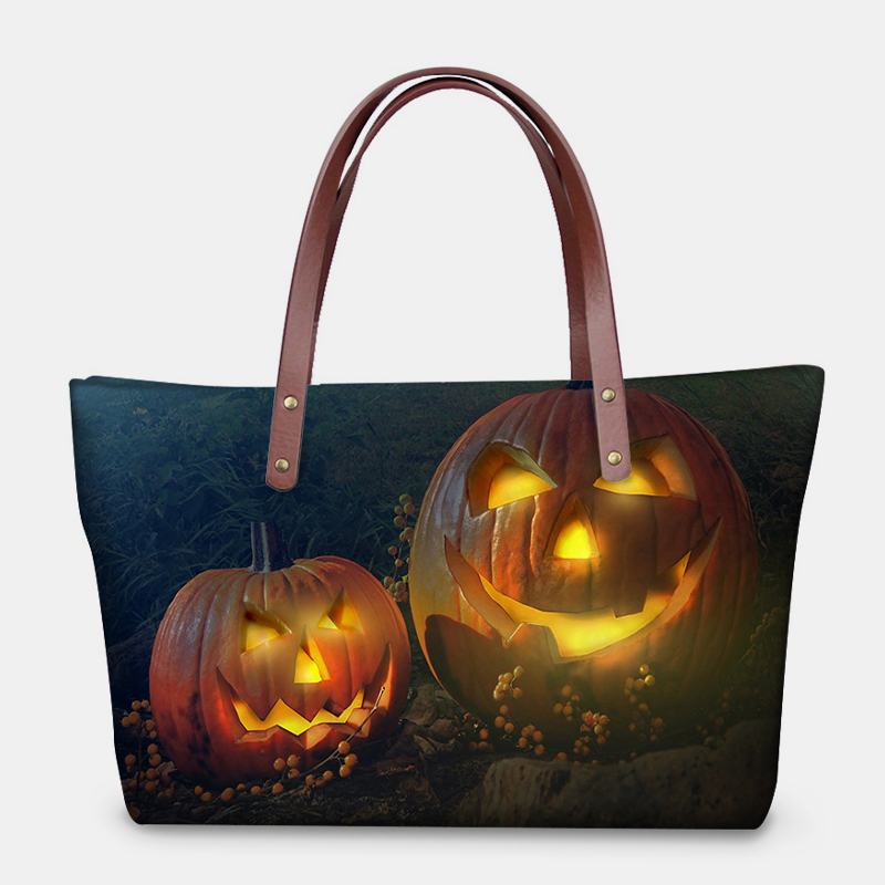 Kobiety Pu Leather Neopren Style Pumpkin Skull Festival Pattern Duża Pojemność Mom Bag Student Bag Torba Na Ramię Torebka