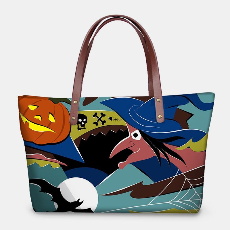 Kobiety Pu Leather Neopren Style Pumpkin Skull Festival Pattern Duża Pojemność Mom Bag Student Bag Torba Na Ramię Torebka