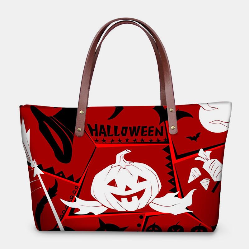 Kobiety Pu Leather Neopren Style Pumpkin Skull Festival Pattern Duża Pojemność Mom Bag Student Bag Torba Na Ramię Torebka