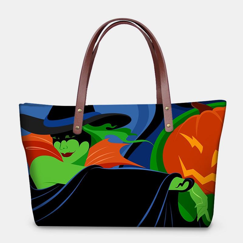 Kobiety Pu Leather Neopren Style Pumpkin Skull Festival Pattern Duża Pojemność Mom Bag Student Bag Torba Na Ramię Torebka