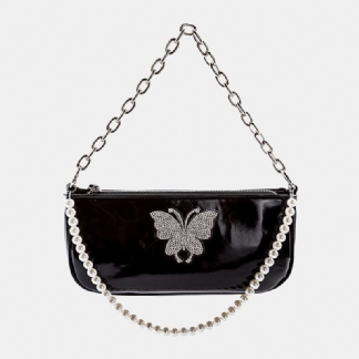 Kobiety Pu Leather Pearls Rhinestone Chain Butterfly Pattern Small Square Bag Torebka Torba Na Ramię