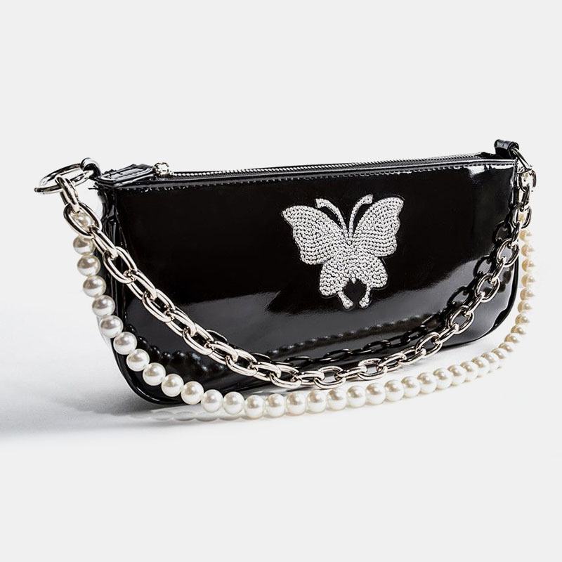 Kobiety Pu Leather Pearls Rhinestone Chain Butterfly Pattern Small Square Bag Torebka Torba Na Ramię