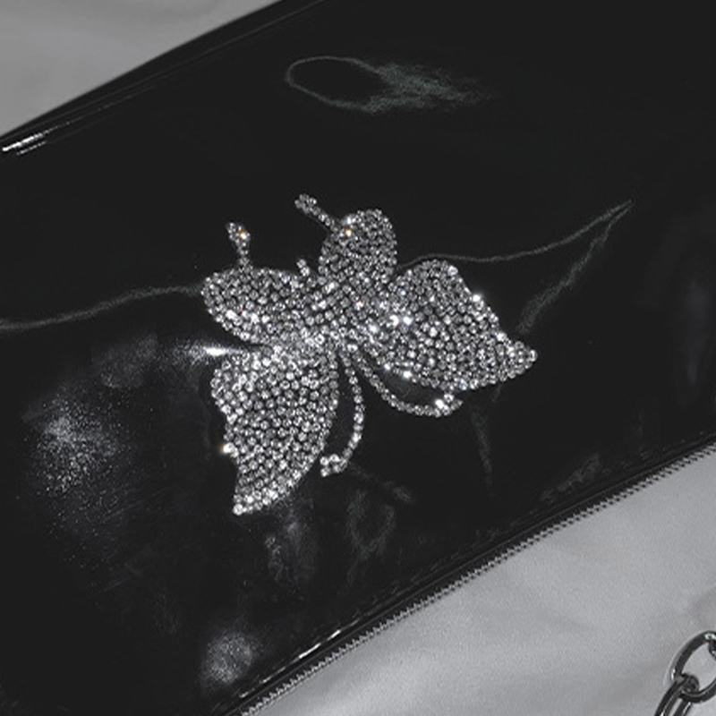 Kobiety Pu Leather Pearls Rhinestone Chain Butterfly Pattern Small Square Bag Torebka Torba Na Ramię