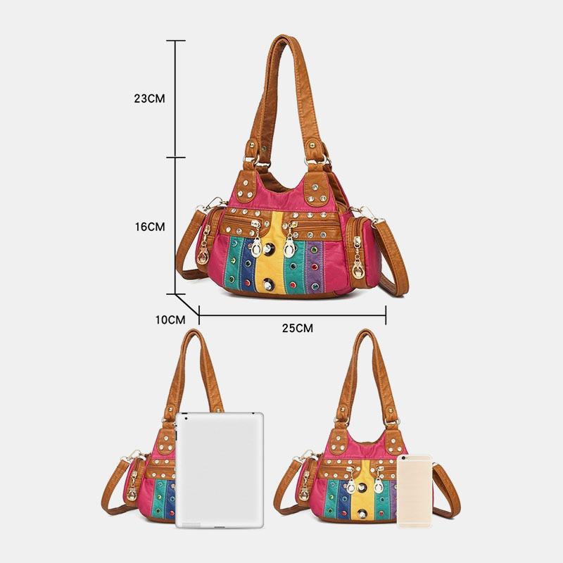 Kobiety Pu Leather Rhinestone Patchwork Wodoodporna Torba Na Ramię W Stylu Vintage Torebka Na Ramię Torby Na Ramię