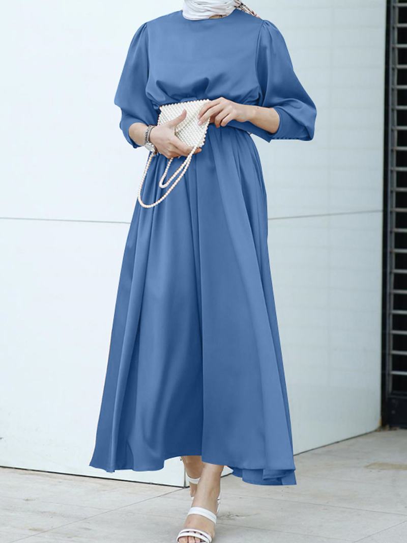 Kobiety Pure Color Lace-up Puff Sleeve Casual Kaftan Maxi Sukienki