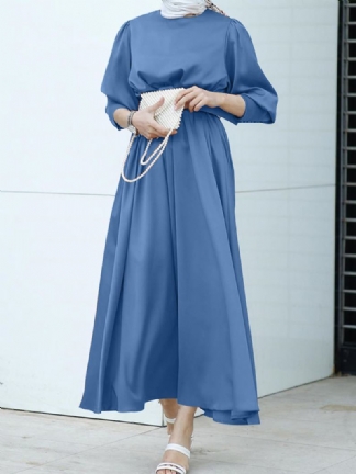 Kobiety Pure Color Lace-up Puff Sleeve Casual Kaftan Maxi Sukienki
