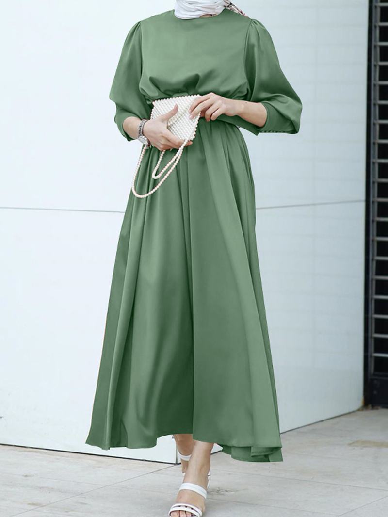 Kobiety Pure Color Lace-up Puff Sleeve Casual Kaftan Maxi Sukienki