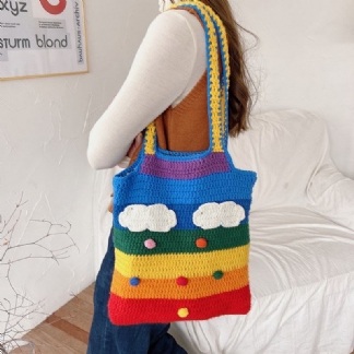 Kobiety Rainbow Stripe Cartoon Cute Casual Youth Wełniana Torba Z Dzianiny Torebka Tote Torba Przez Ramię