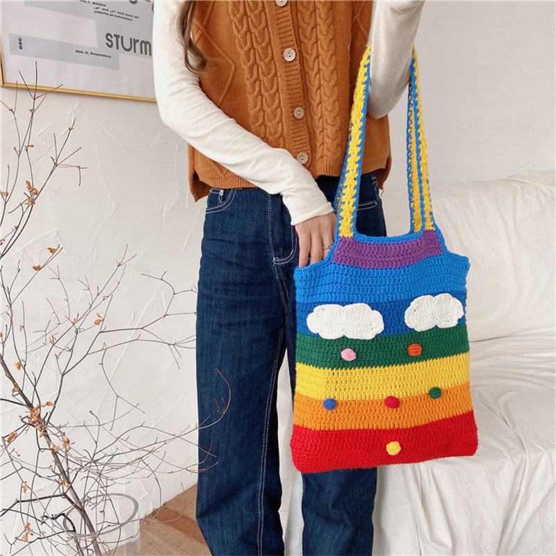 Kobiety Rainbow Stripe Cartoon Cute Casual Youth Wełniana Torba Z Dzianiny Torebka Tote Torba Przez Ramię