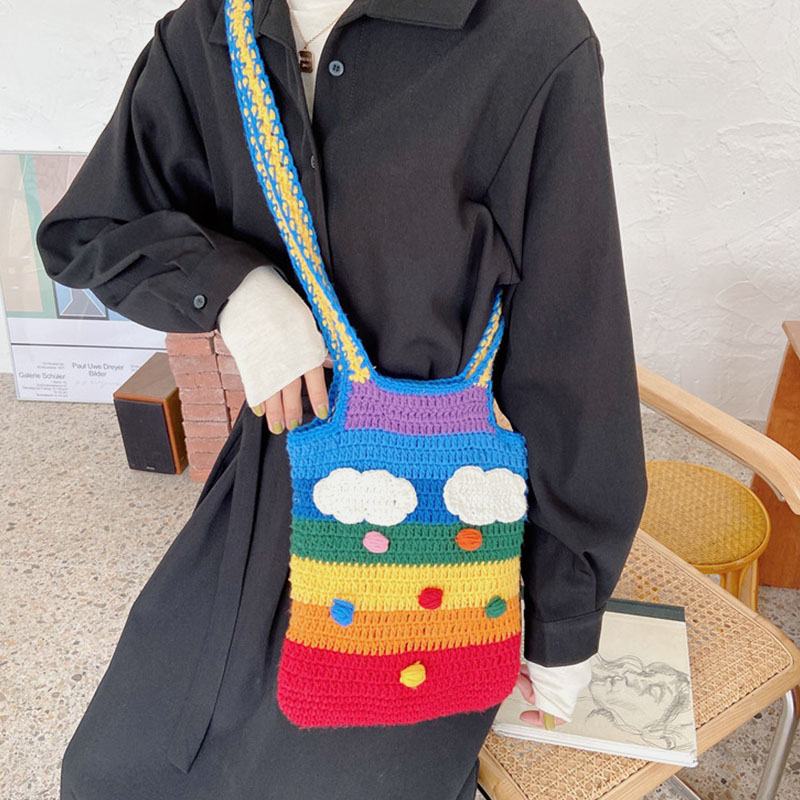 Kobiety Rainbow Stripe Cartoon Cute Casual Youth Wełniana Torba Z Dzianiny Torebka Tote Torba Przez Ramię