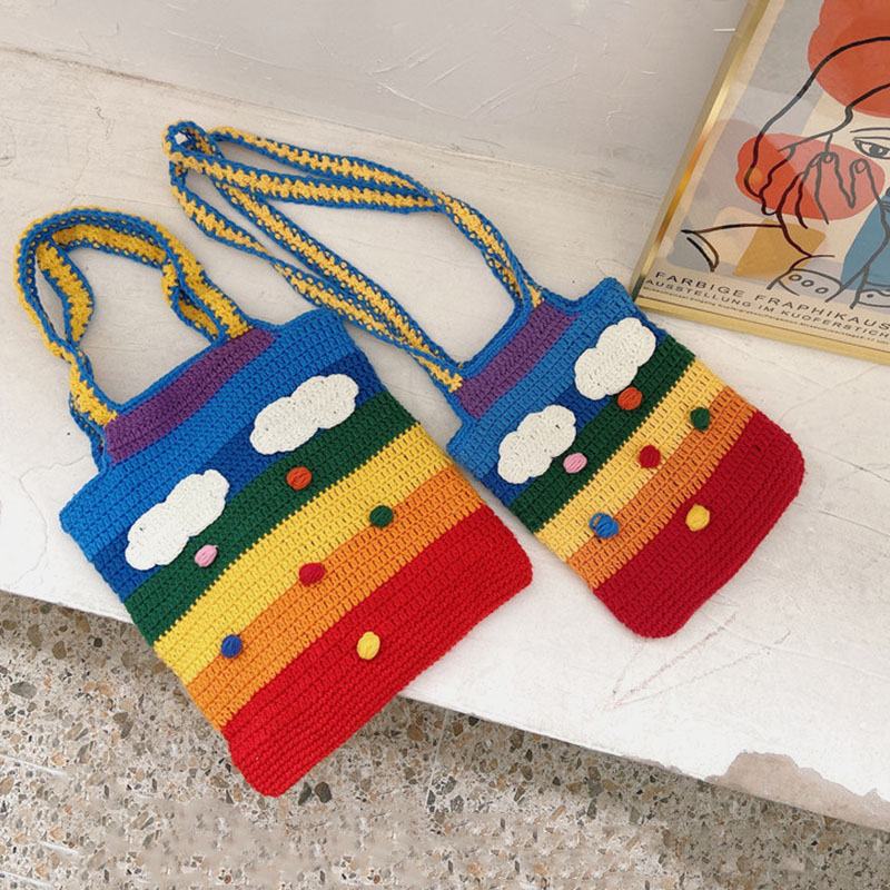 Kobiety Rainbow Stripe Cartoon Cute Casual Youth Wełniana Torba Z Dzianiny Torebka Tote Torba Przez Ramię