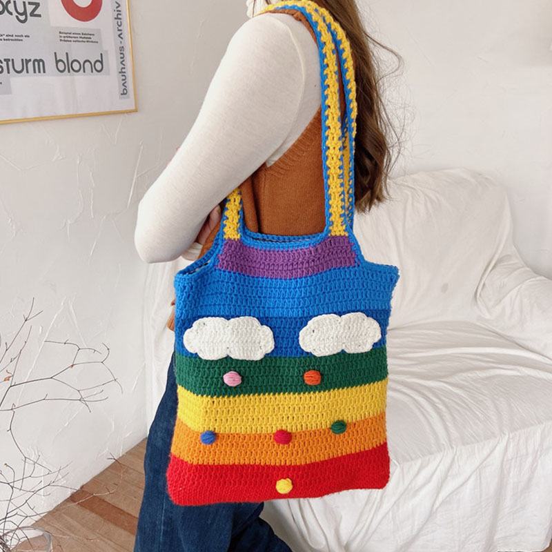 Kobiety Rainbow Stripe Cartoon Cute Casual Youth Wełniana Torba Z Dzianiny Torebka Tote Torba Przez Ramię