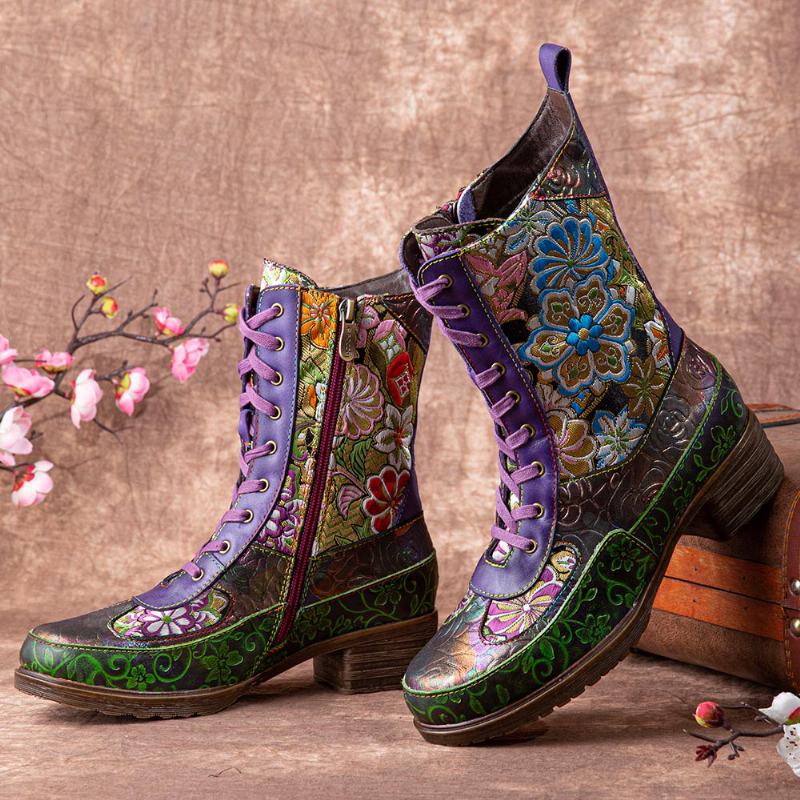 Kobiety Retro Kwiatowy Haft Drukowane Skórzane Masywne Obcasy Buty Do Połowy Łydki