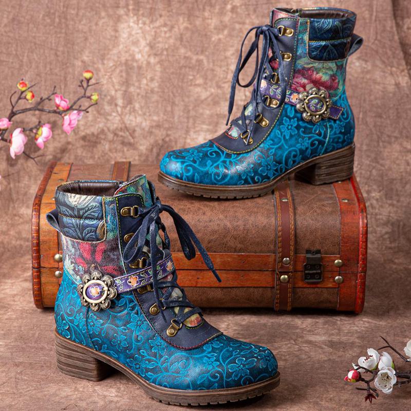 Kobiety Retro Kwiatowy Nadruk Skórzane Sznurowane Buty Na Grube Obcasy Do Połowy Łydki