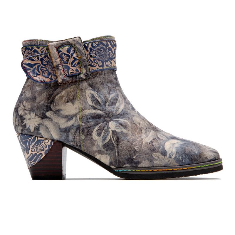 Kobiety Retro Kwiatowy Nadruk Skórzany Kwadrat Toe Chunky Heels Botki Do Kostek