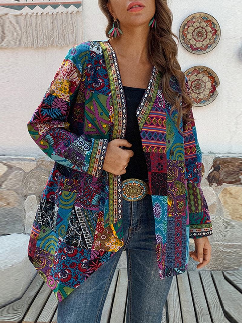 Kobiety Retro Kwiatowy Wzór Patchwork Z Długim Rękawem Nieregularne Bawełniane Swetry W Stylu Etnicznym Vintage Cardigans