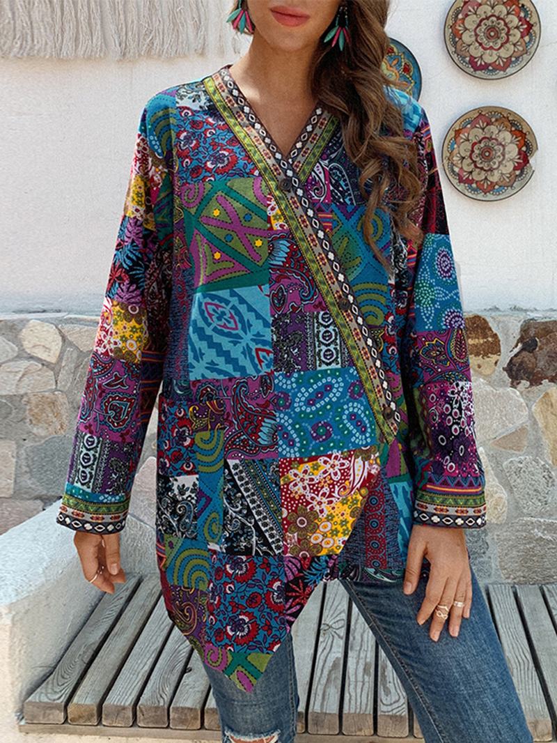 Kobiety Retro Kwiatowy Wzór Patchwork Z Długim Rękawem Nieregularne Bawełniane Swetry W Stylu Etnicznym Vintage Cardigans