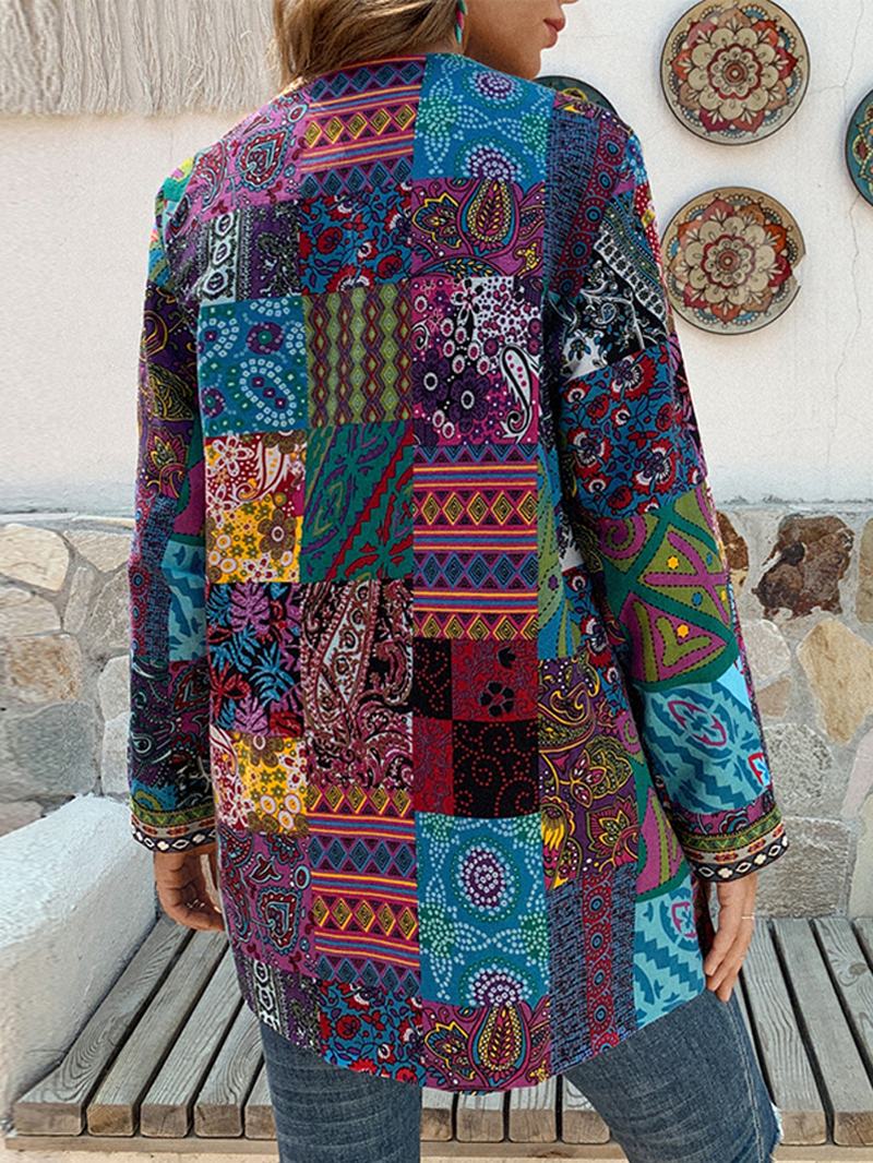 Kobiety Retro Kwiatowy Wzór Patchwork Z Długim Rękawem Nieregularne Bawełniane Swetry W Stylu Etnicznym Vintage Cardigans