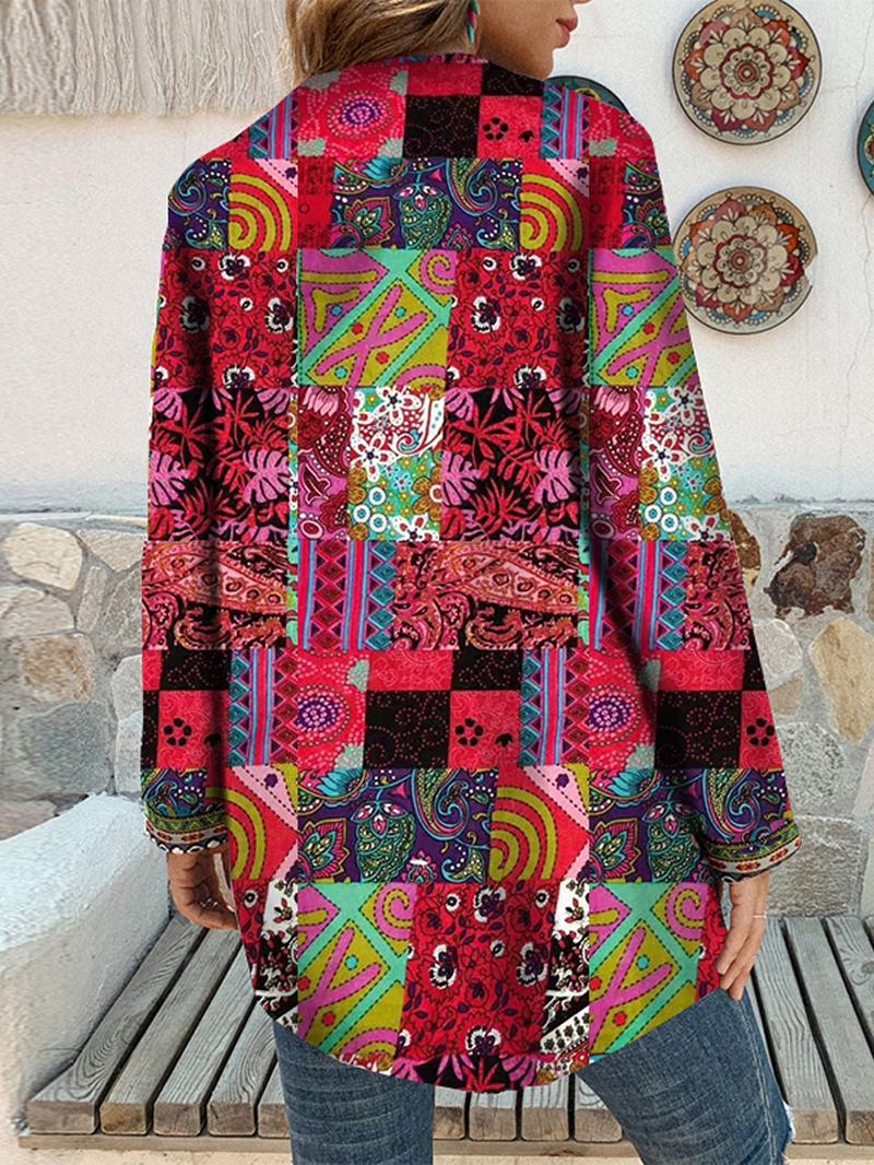 Kobiety Retro Kwiatowy Wzór Patchwork Z Długim Rękawem Nieregularne Bawełniane Swetry W Stylu Etnicznym Vintage Cardigans