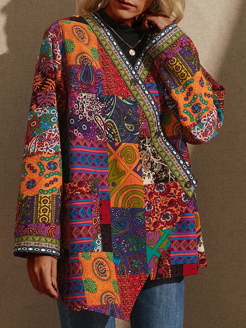 Kobiety Retro Kwiatowy Wzór Patchwork Z Długim Rękawem Nieregularne Bawełniane Swetry W Stylu Etnicznym Vintage Cardigans