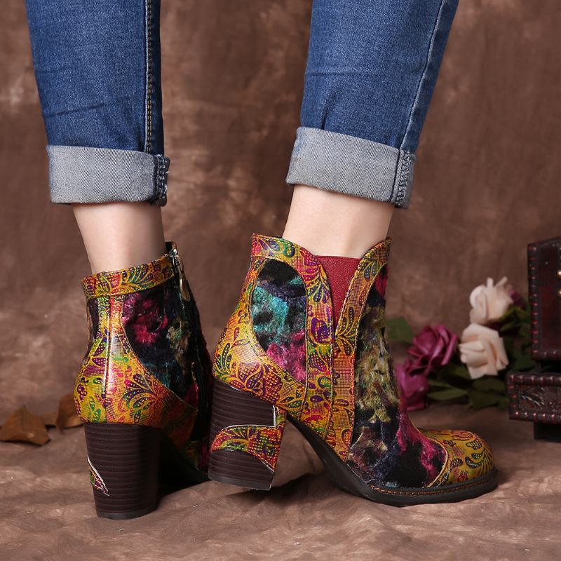 Kobiety Retro Prawdziwa Skóra Łączenie Szpilek Sukienka Krótkie Buty Na Suwak
