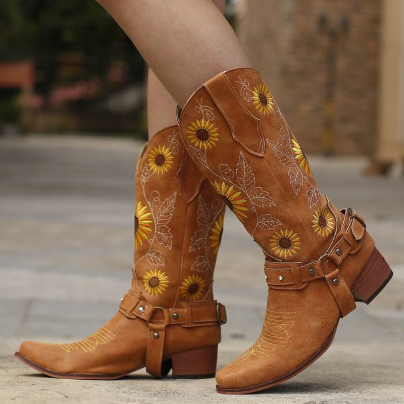Kobiety Retro Wzór Słoneczników Pointed Toe Chunky Heel Uprząż Cowboy Boots
