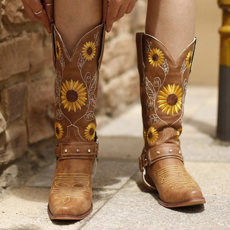 Kobiety Retro Wzór Słoneczników Pointed Toe Chunky Heel Uprząż Cowboy Boots