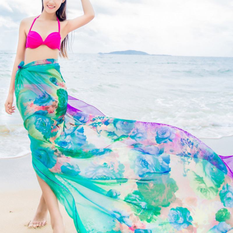 Kobiety Sexy Jedwabny Kwiatowy Drukowany Ręcznik Plażowy Letni Cienki Krem Przeciwsłoneczny Miękkie Szale Podwójne Okłady
