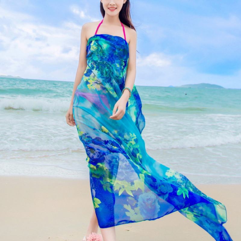Kobiety Sexy Jedwabny Kwiatowy Drukowany Ręcznik Plażowy Letni Cienki Krem Przeciwsłoneczny Miękkie Szale Podwójne Okłady