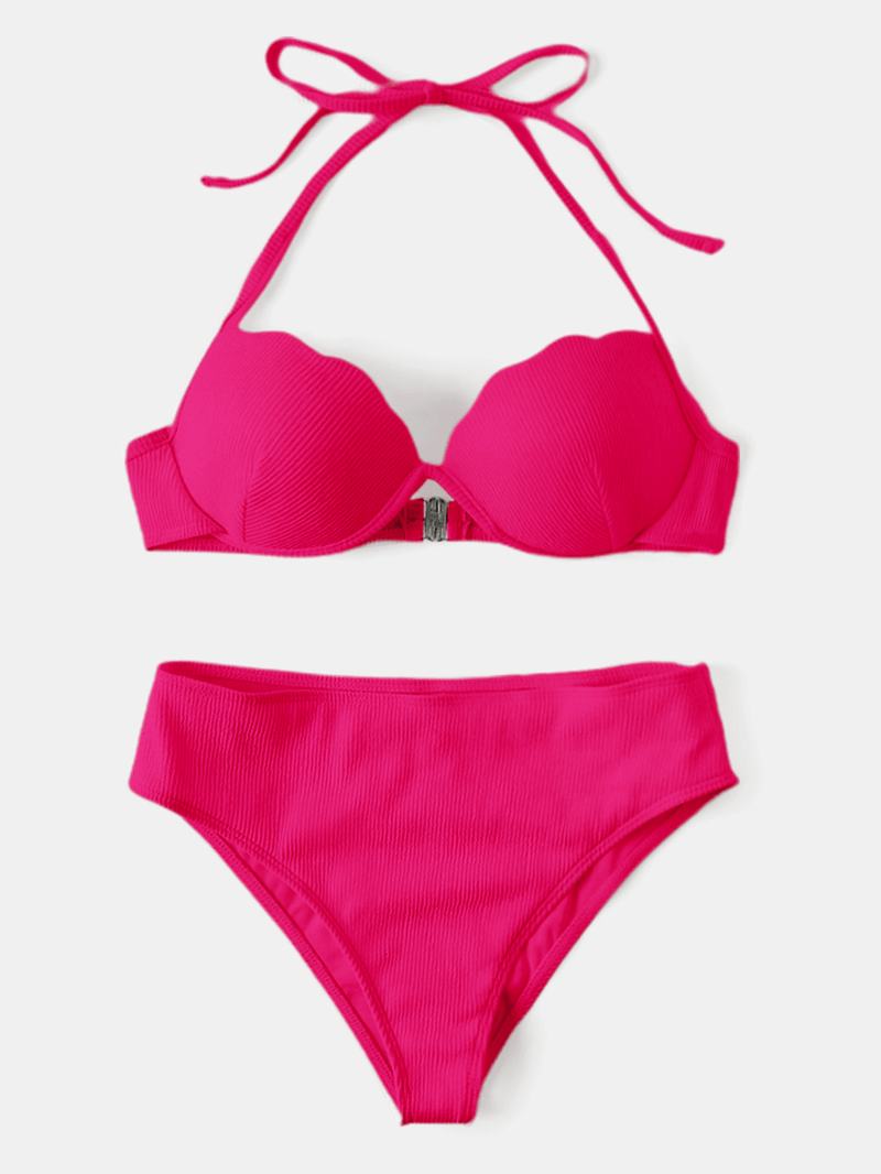 Kobiety Solid Color Halter String Fiszbiny Bikini Z Wysokim Stanem Do Pływania