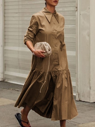 Kobiety Solid Color Lapel A-line Z Długim Rękawem Proste Sukienki Maxi
