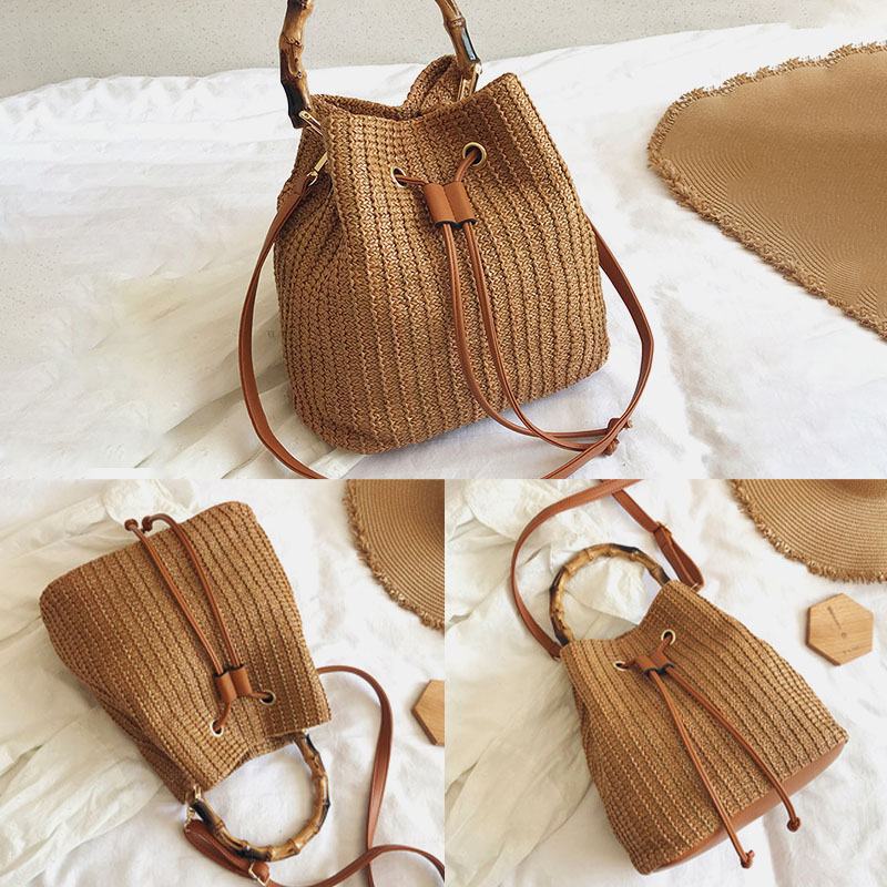 Kobiety Solid Color String Casual Torebka Ze Słomy Torebka Torba Na Ramię Crossbody Torby Torba Na Wiadro