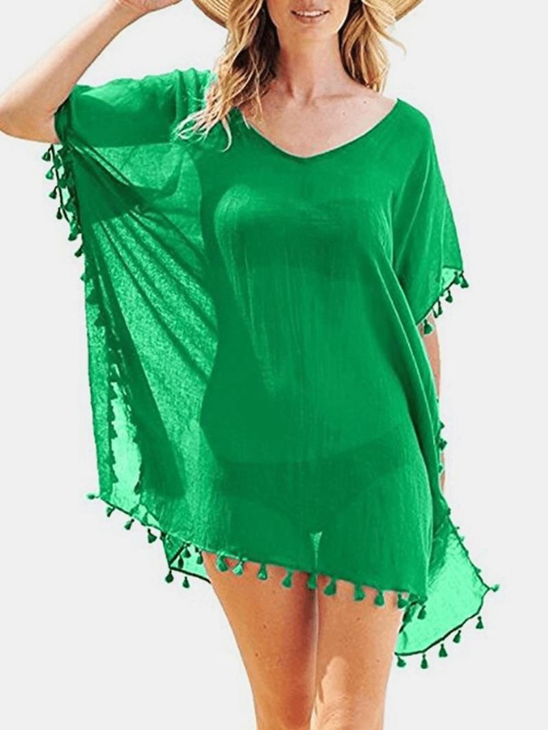 Kobiety Solid Color Translucent Tassel V-neck Osłona Przeciwsłoneczna Ups