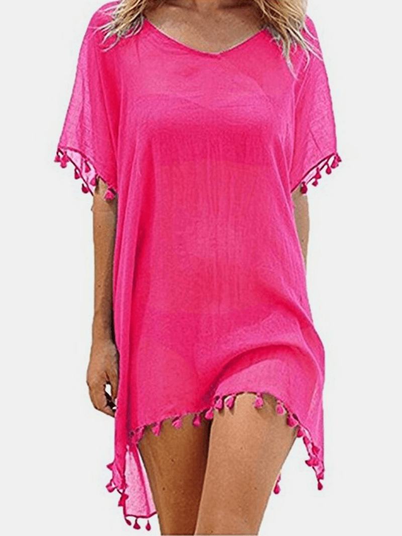 Kobiety Solid Color Translucent Tassel V-neck Osłona Przeciwsłoneczna Ups