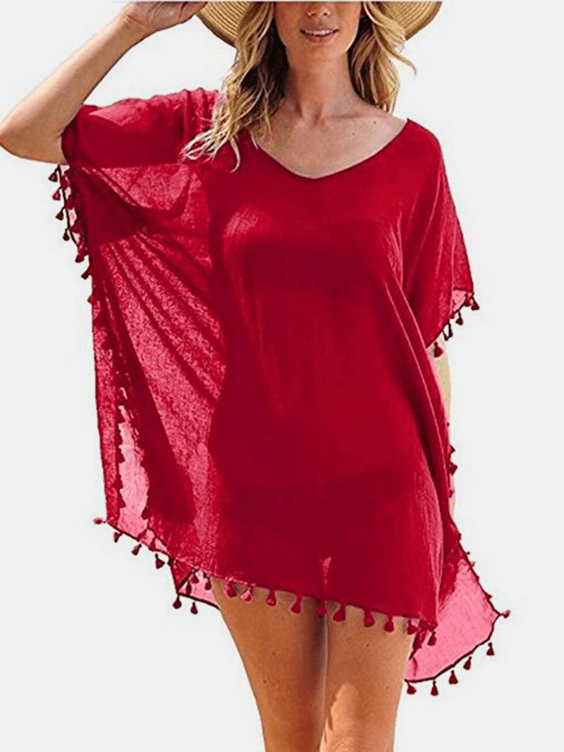 Kobiety Solid Color Translucent Tassel V-neck Osłona Przeciwsłoneczna Ups