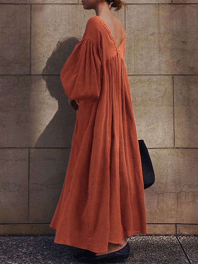 Kobiety Solid Color V-neck Tie Bąbelkowe Rękawy Plisowane Sukienki Maxi O Linii A