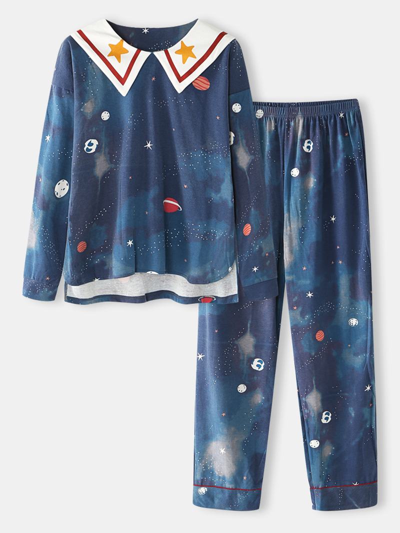 Kobiety Starry Sky Drukowanie Śliczny Sweter Luźny Elastyczny Pas Cartoon Home Piżama Set