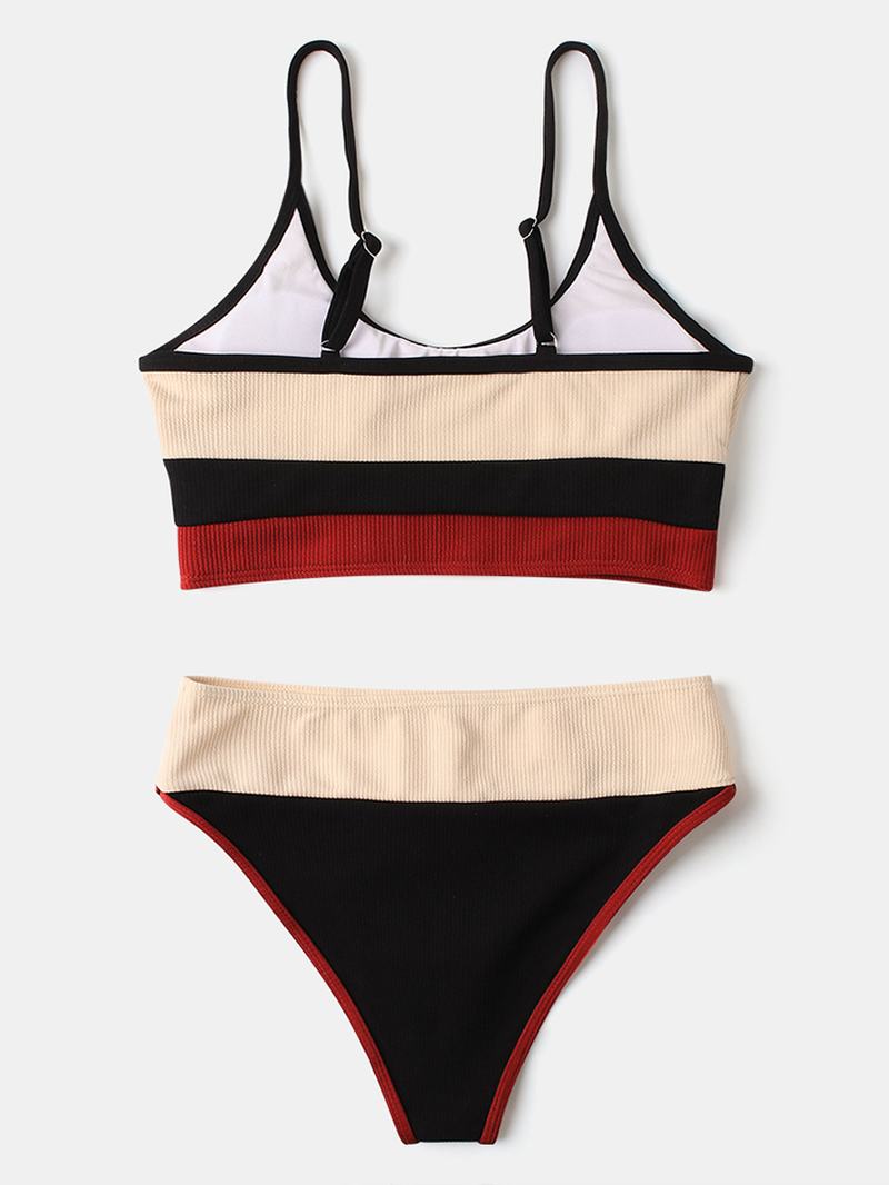 Kobiety Stripe Patchwork High Waist Bikini Backless Beachwear