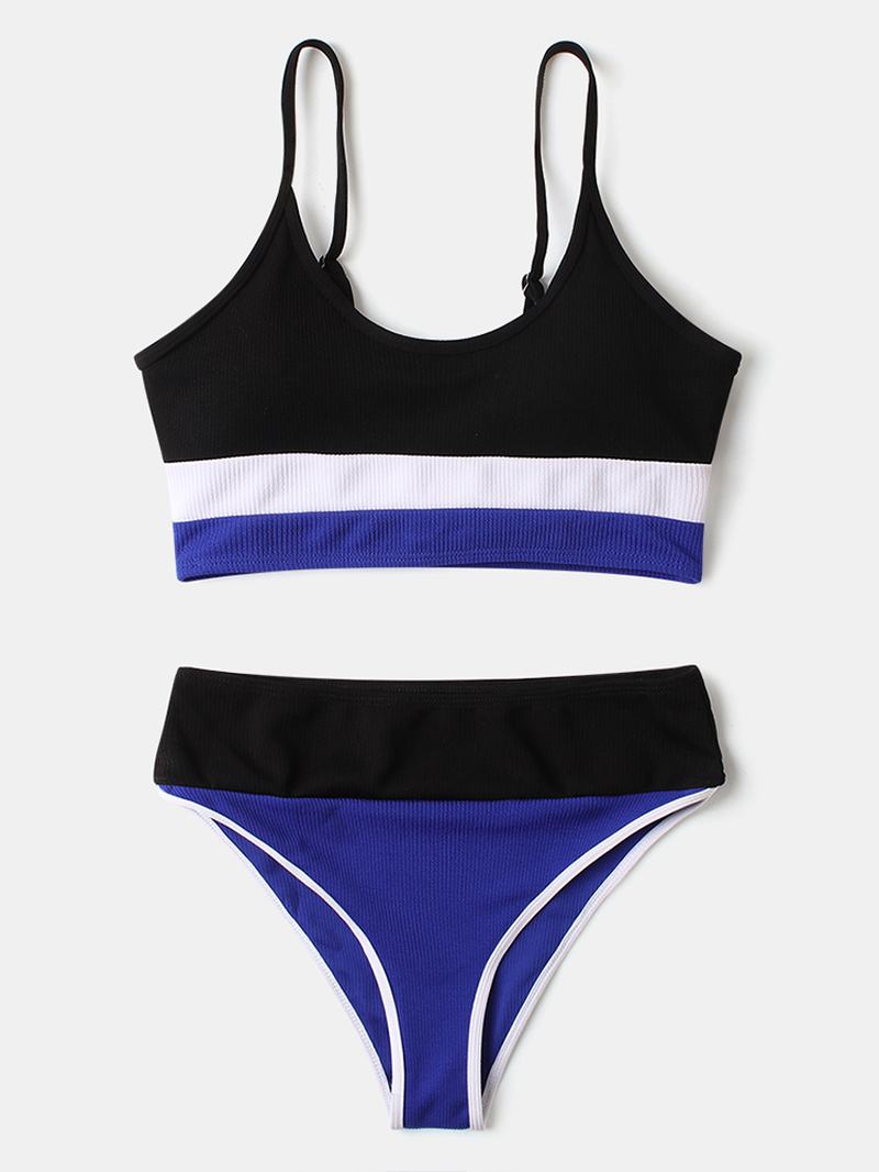 Kobiety Stripe Patchwork High Waist Bikini Backless Beachwear