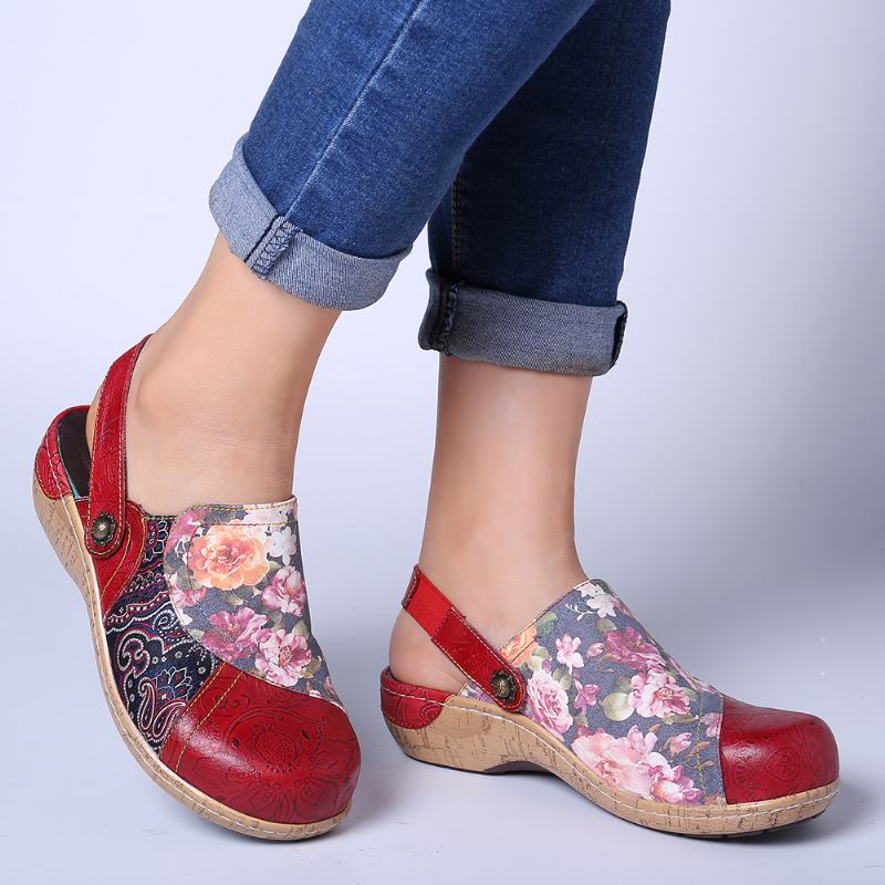 Kobiety Super Bloom Kwiaty Łączenie Retro Wzór Szwy Slip On Mieszkania